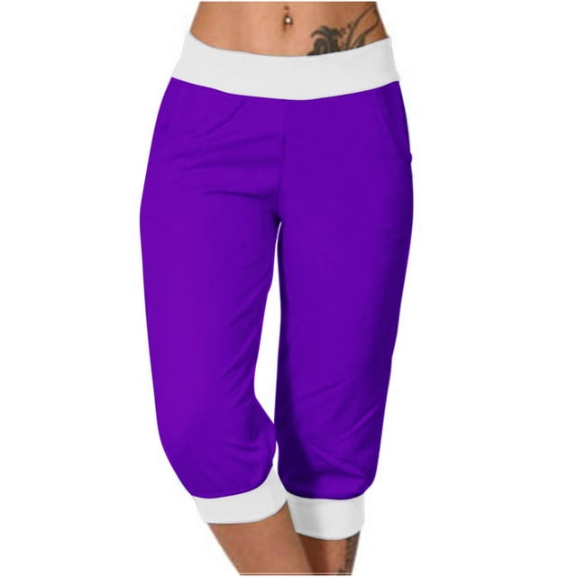 Timegard Joggers for Women Capris Mid Waisted Drawstring Color Block Comfy Casual Crop Pants with Pockets