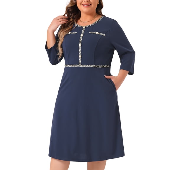 DARING DIVA Plus Size Crew Neck 3/4 Sleeve Vintage Cocktail Dress 1X Dark Blue