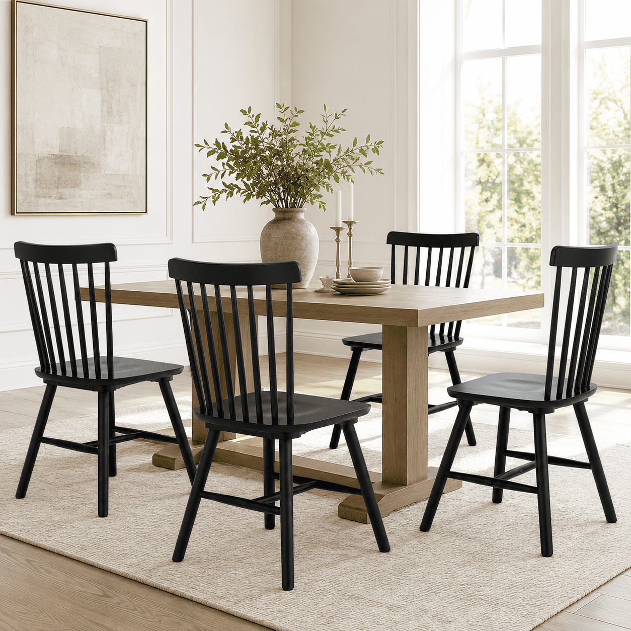 Fancrou Farmhouse Windsor Dining Chairs Set of 4, Spindle Back Wood Chairs for Kitchen and Living Room, Country Style Restaurant Seating, Black