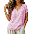 thumbnail image 4 of MaFYtyTPR Women's V-Neck Plaid Blouse Solid Short Sleeve Loose Fit Checkered Tops for Summer Daily Casual Wear Pink XL, 4 of 6