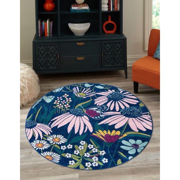 Unique Loom Daisy Bloom Rug ,Round,7' 1" x 7' 1" Navy Blue Modern Floral Dining Room Entryway Bed Room