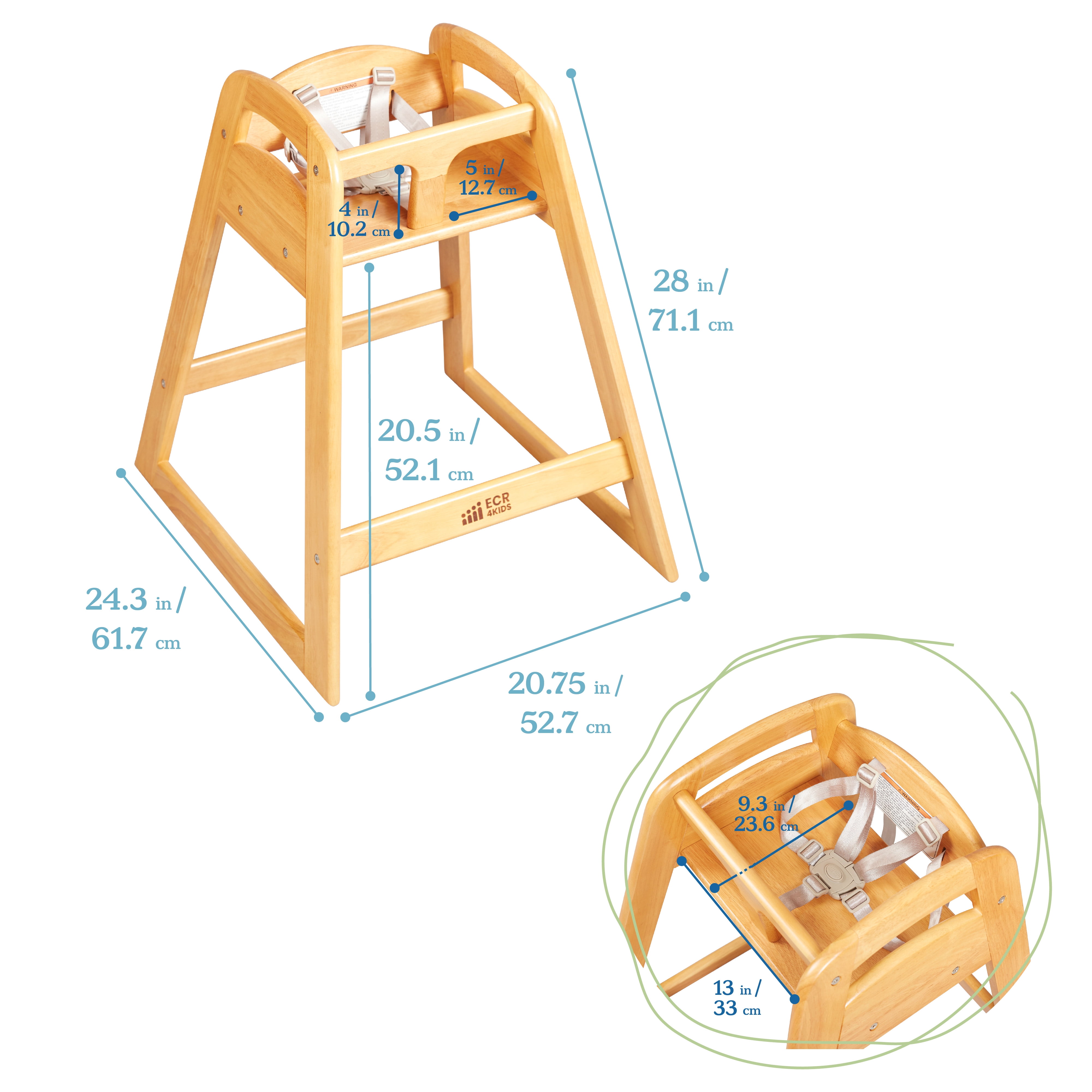 ECR4Kids ASATT Wooden Baby High Chair with Safety Strap, Childrens Furniture, Honey