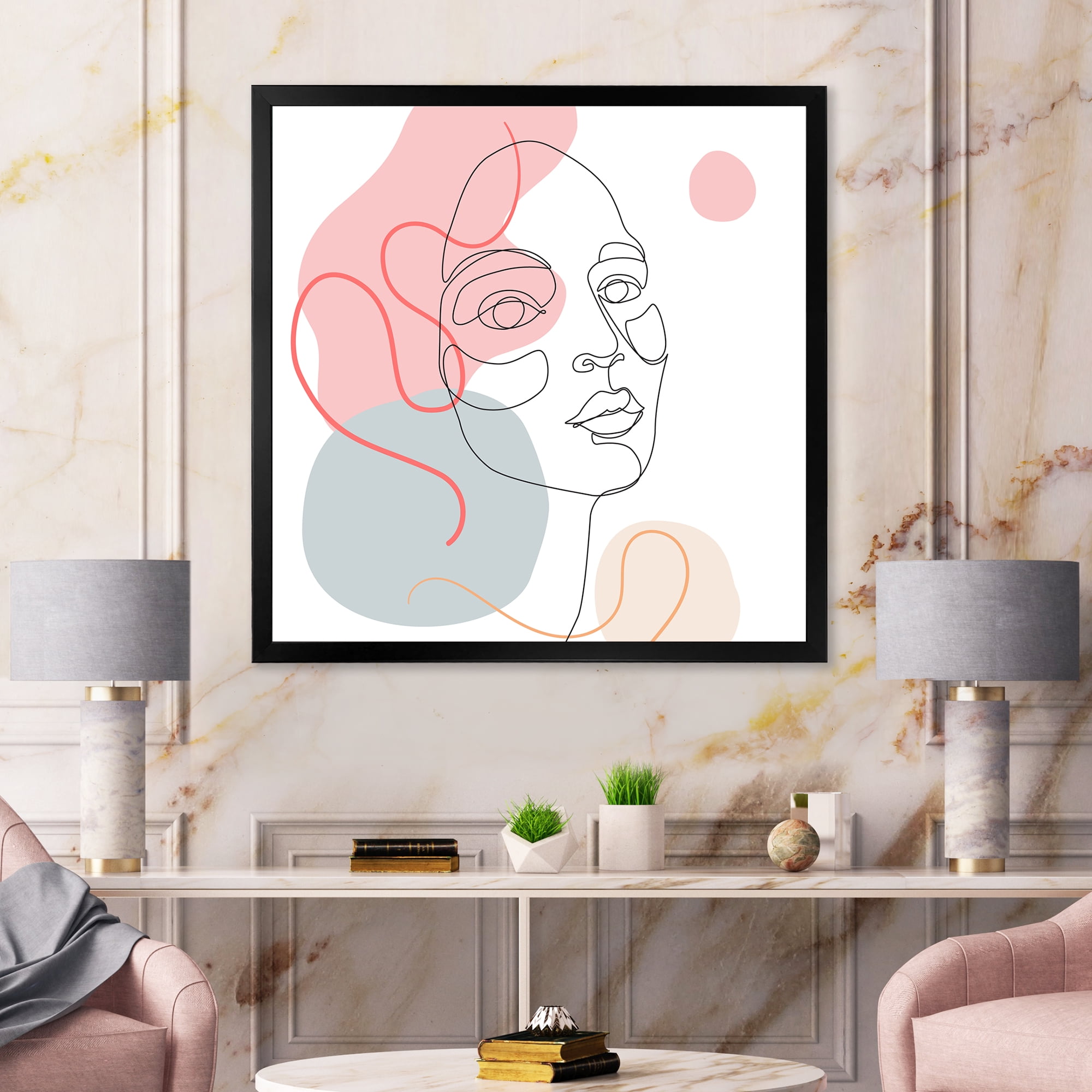Designart 'One Line Drawing of Young Girl In Pastel Tones' Modern Framed Art Print