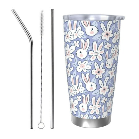 

Susaid Rabbit And Floral Print 20oz Car Cup Insulated Coffee Cup Fully Spill Proof Travel Coffee Mug Stainless Steel Tumbler for Work Home Outdoor Car-Straw Three-piece Set