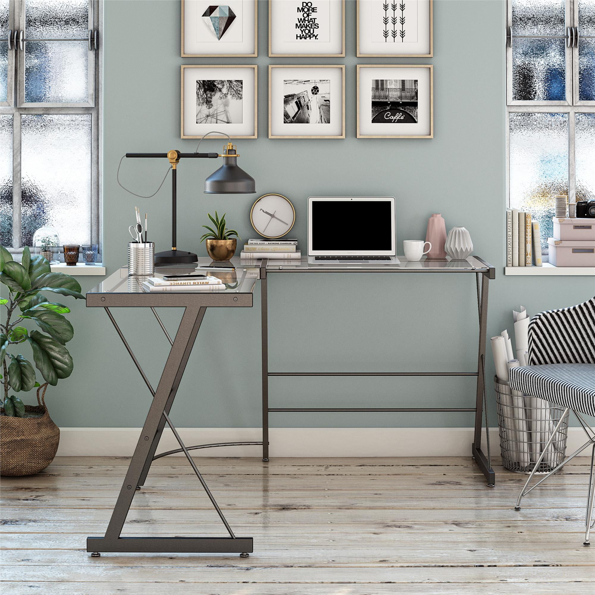 Ameriwood Home Glass L Shaped Computer Desk Gray