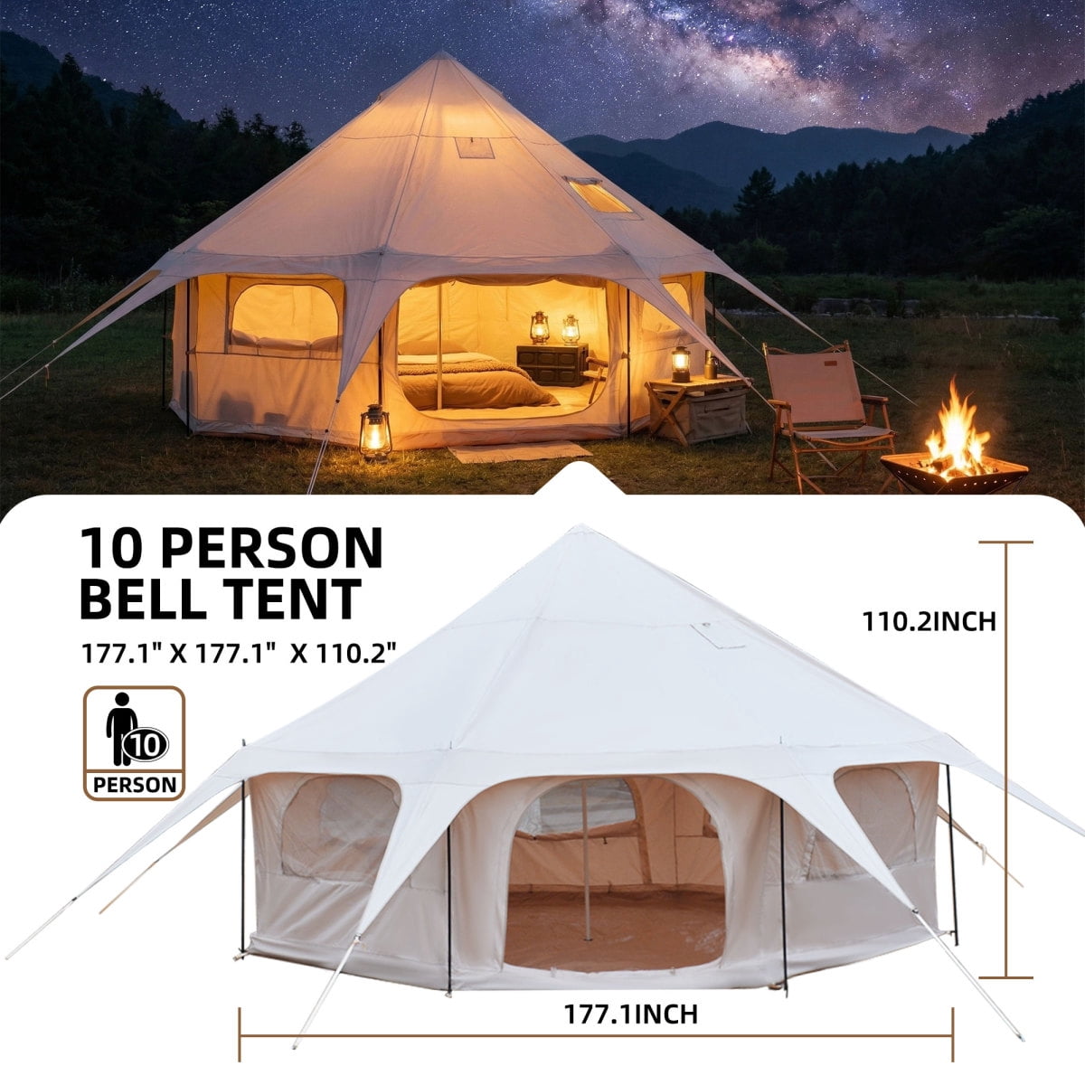 LuckyNote 600D Oxford Bell Tent 14.8ft x 9.2ft with Stove Jack, Large Family Camping Tent for Glamping & Outdoor, Khaki