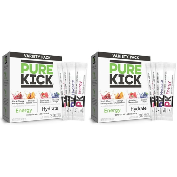 2 x - PURE KICK Energy and Hydrate Singles To Go Drink Mix Variety Pack, Black cherry Pomegranate, Orange Passion Fruit, Strawberry watermelon and Concord Grape, 30 Count (Pack - 1) (Pack of 2)