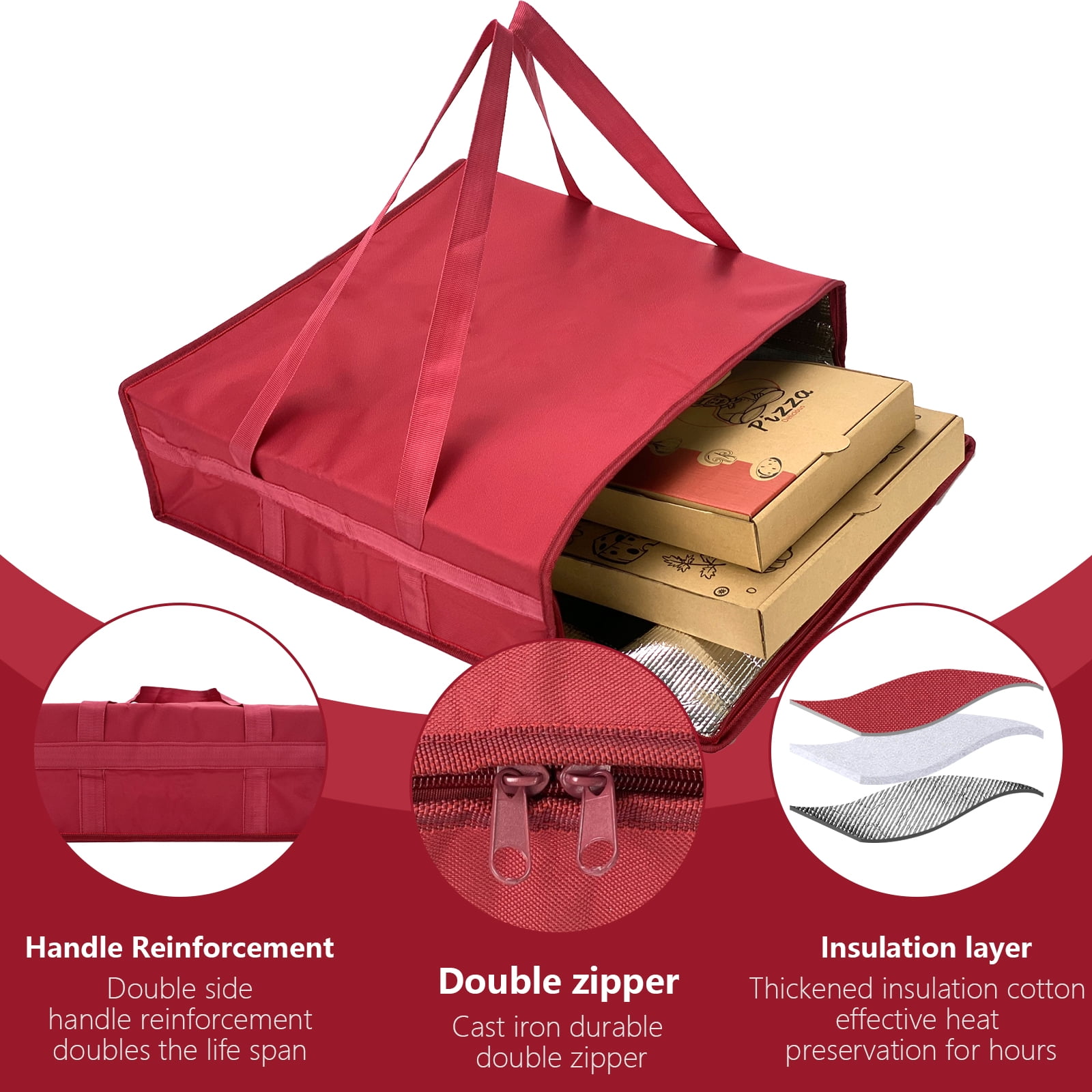 Yalin Insulated Pizza Delivery Bag, 20" x 20" x 6" Insulated Food Warmer Bags for Catering Food Delivery, Reusable Pizza Carrier for Commercial Restaurant (Red)