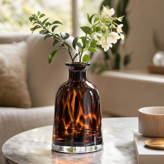 YAMB Tortoiseshell Print Glass Vase, 7.1" Modern Hand-Blown Decorative Table Centerpiece Vase, Thick Glass Amber Floral Container for Living Room Home Decor