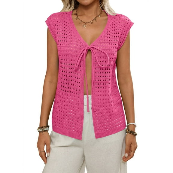 Womens Tie Crochet Shrug Short Sleeve Open Front Knit Cropped Cardigan Sweaters Cover Up Rose Red M