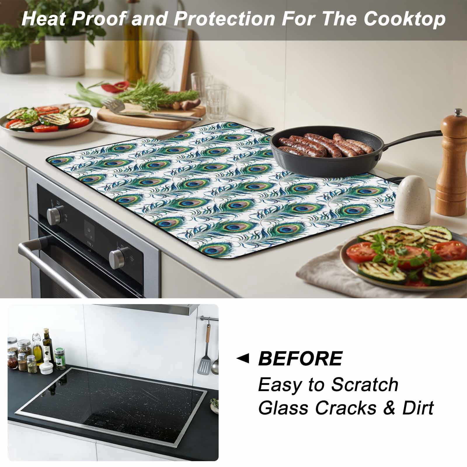 Peacock Feathers Stove Top Cover for Electric Stove, Heat-proof & Non Slip Glass Top Stove Cover Protector, Modern Watercolor Peacock Kitchen Flat Cooktop Rubber Mat 24x21 Inches