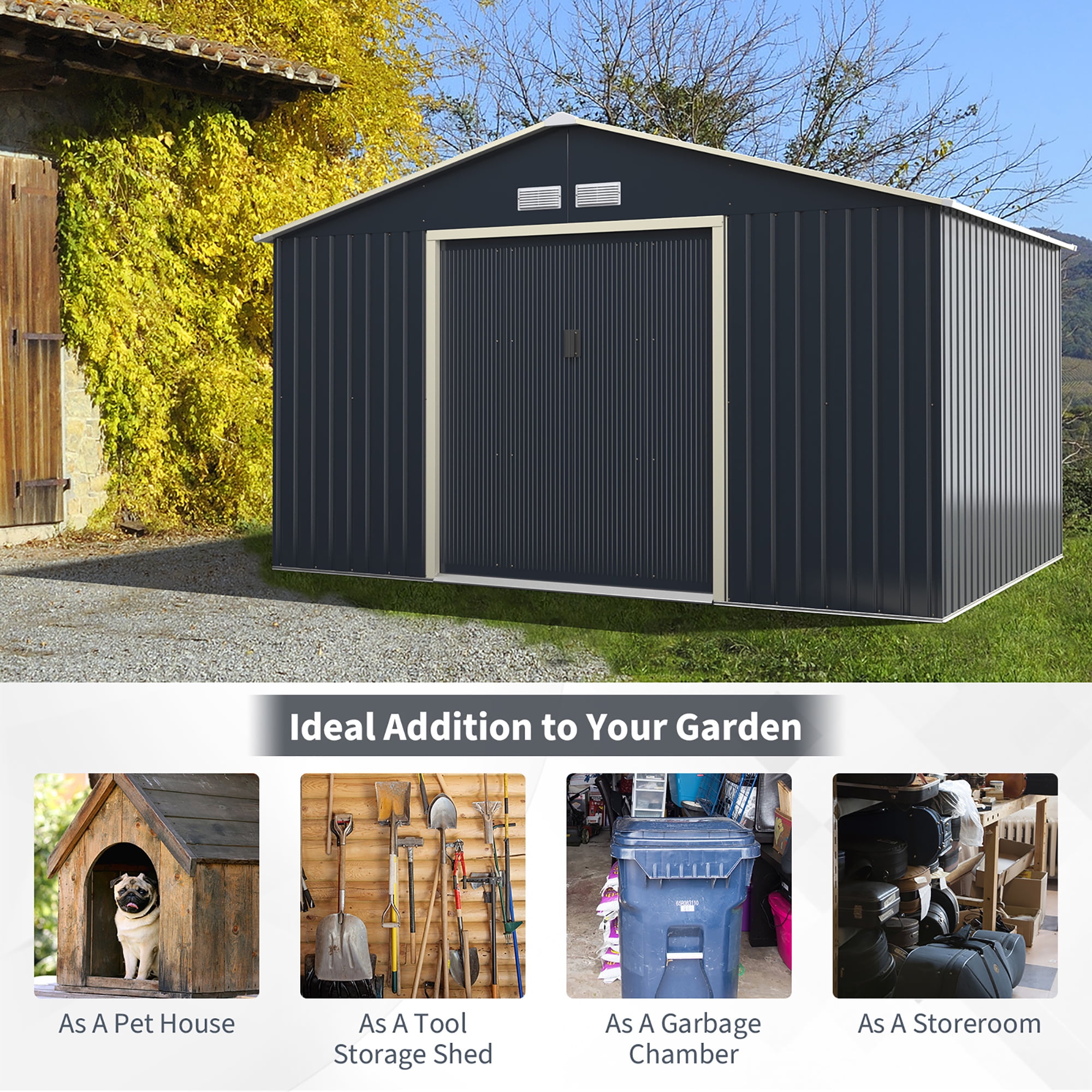 Costway Metal Storage Shed for Garden and Tools w/Sliding Double Lockable Doors