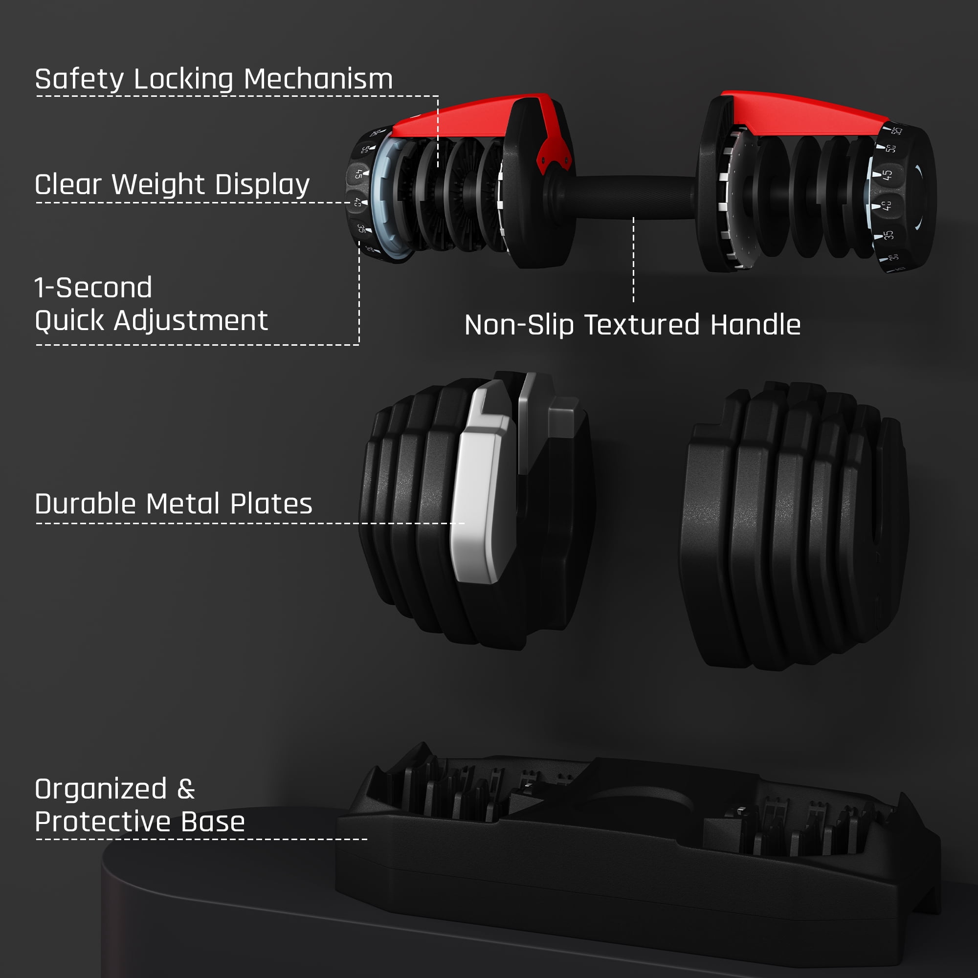 Renwick 5-52.5 lbs Quick Adjust Dumbbell Set for Home Gym, Set of 2, Black/Red