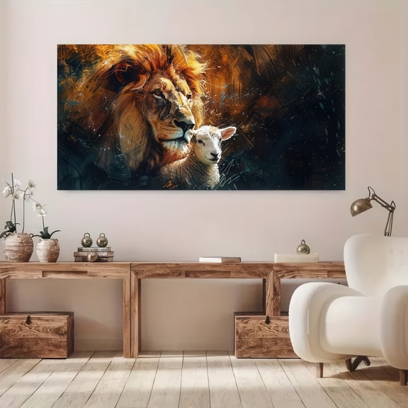 Lion and Lamb Peaceful Embrace Framed Canvas Wall Art 48x24 Inch Symbolic Wildlife Print for Living Room Bedroom Office Spiritual Decor
