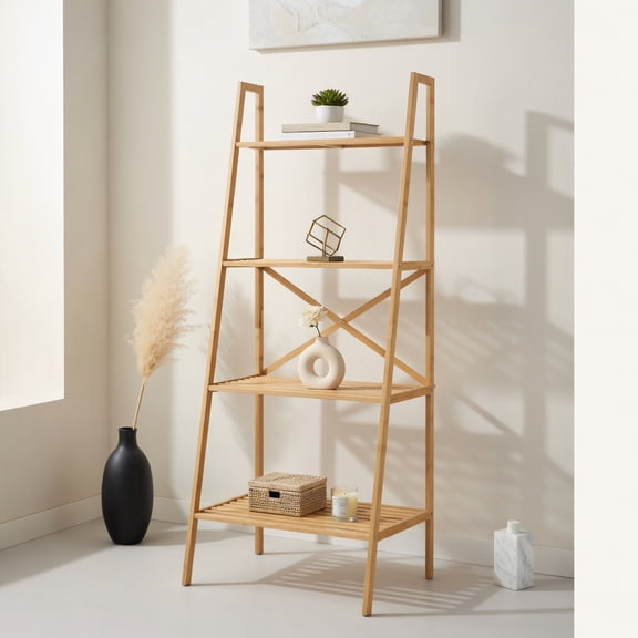 Spaco 58 Inch 4-Tier Bamboo Ladder Bookshelf-Natural, Tall Bookshelf, Shelves for Living Room, Home Office, Bedroom, Balcony