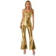 thumbnail image 1 of dPois Women's Shiny Metallic Disco Dance Outfits Racerback Tank Top and Flared Long Pants Gold M, 1 of 7