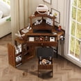 thumbnail image 3 of MODERNLUXE Corner Vanity Desk Set with Storage Stool,Triangle Makeup Vanity with Charging Station & Removable Pull-Out Side Cabinet,Glass Top Dressing Table with Drawer and Shelf for Bedroom,Walnut, 3 of 10