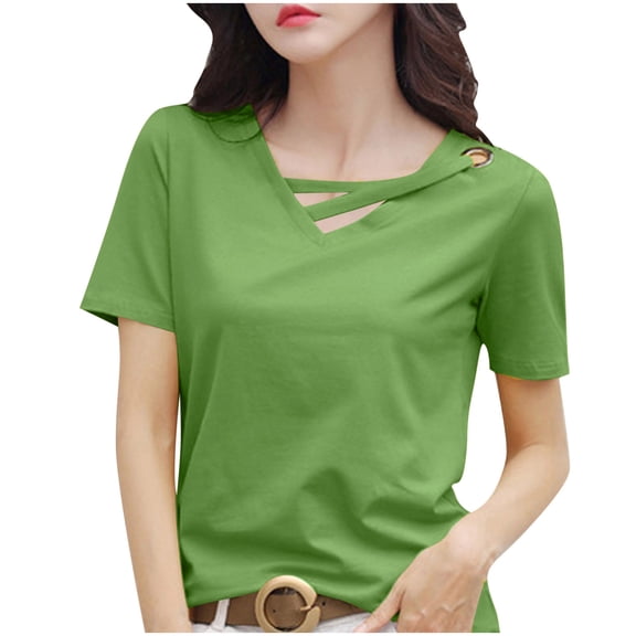 Women's Loose Fit V-Neck Summer Top Short Sleeve Pullover Solid Color Casual Tee Comfortable and Breathable for Everyday