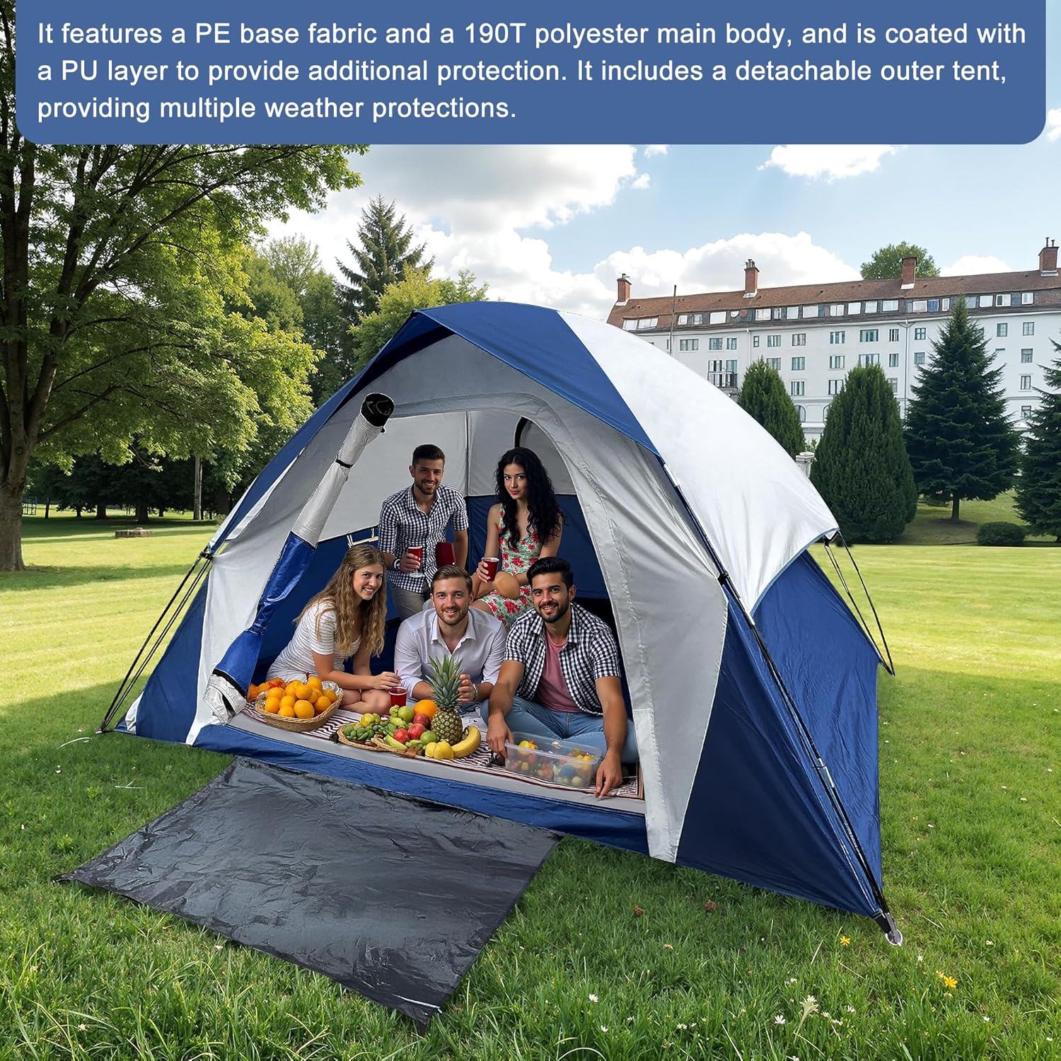XL Tent 6 Person Dome Camping Tent, Double Layer Waterproof, Removable Rain Fly, for Outdoor Hiking, Fishing (6 People Blue)