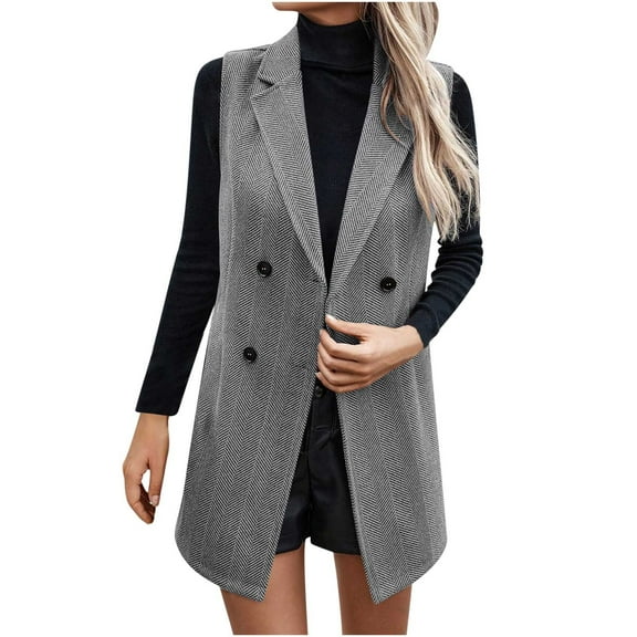 Long Vest for Women Sleeveless Casual Open Front Double Breasted BusinessTweed Blazer Fall Jackets Cardigan Casual Work Office Cardigans Jacket Autumn Winter Outerwear