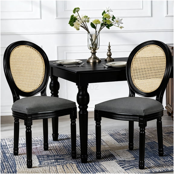 COSMOS French Country Dining Chairs Set of 2, Rattan Back Accent Chairs with Upholstered Seat, Dark Grey Fabric & Black Solid Wood Frame for Kitchen, Dining Room
