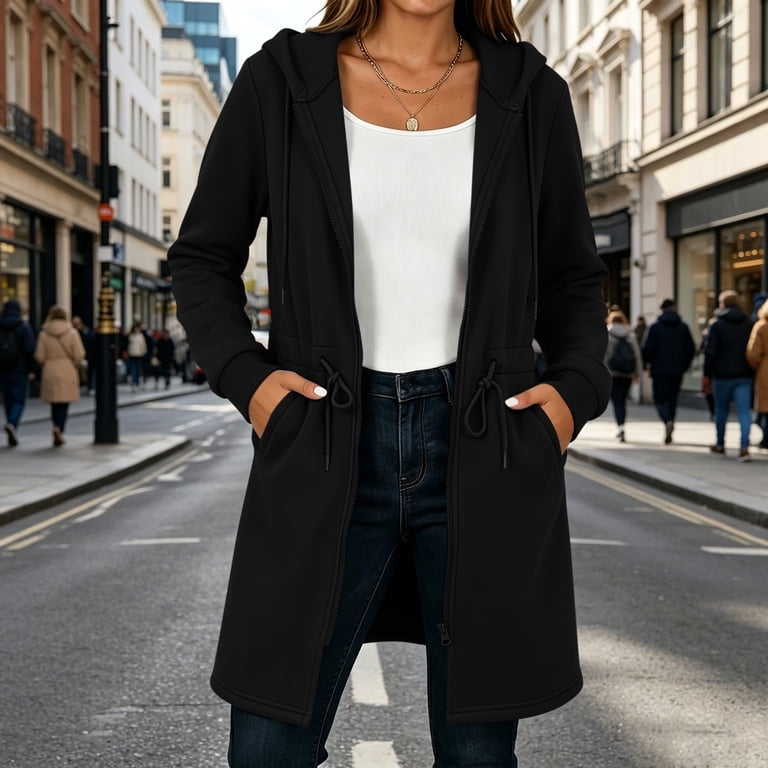 Turilly Women Long Zip Up Hooded Sweatshirt, Soft Fleece Cinch