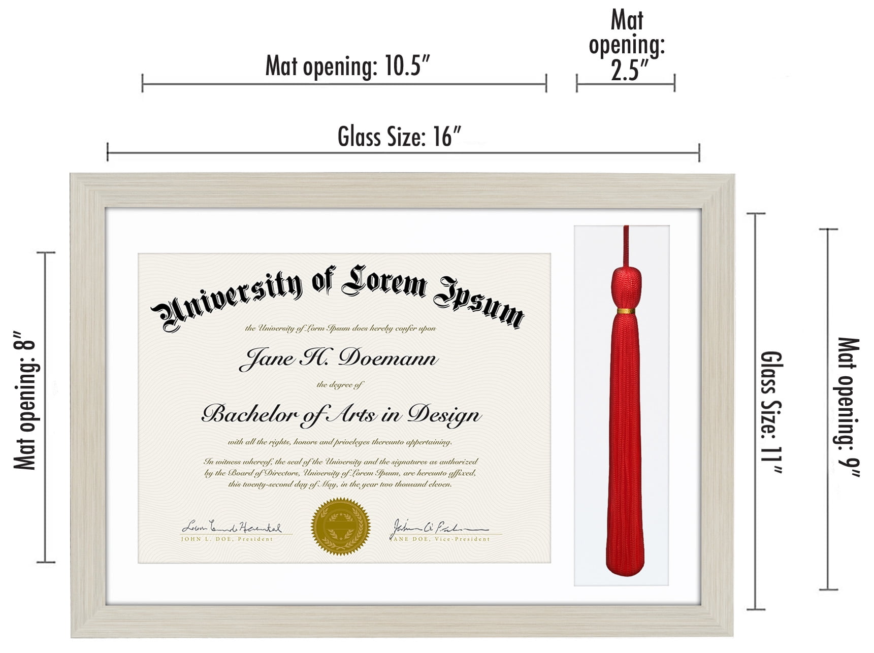 Americanflat 11x16 Light Wood Graduation Frame 2 Opening Mat Displays 8.5"x11" Diploma or Certificate and Tassel. Tempered Shatter-Resistant Glass. 2X Sawtooth Hangers.