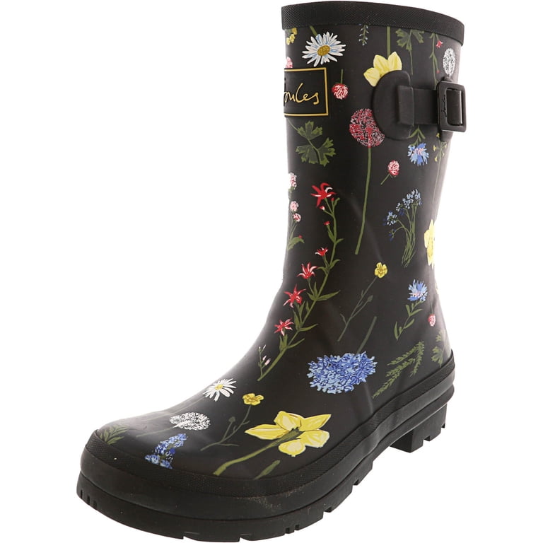 Joules Women's Molly Welly Black Floral Knee-High Rubber Rain Boot