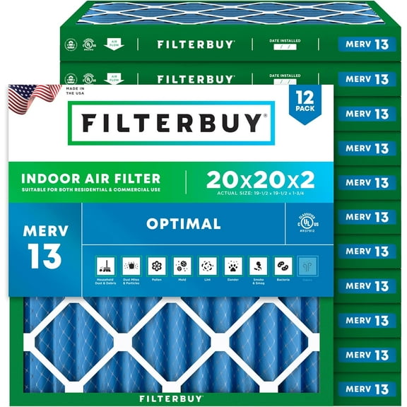 Filterbuy 20x20x2 MERV 13 Health Defense, Pleated HVAC AC Furnace Air Filters (12-Pack)