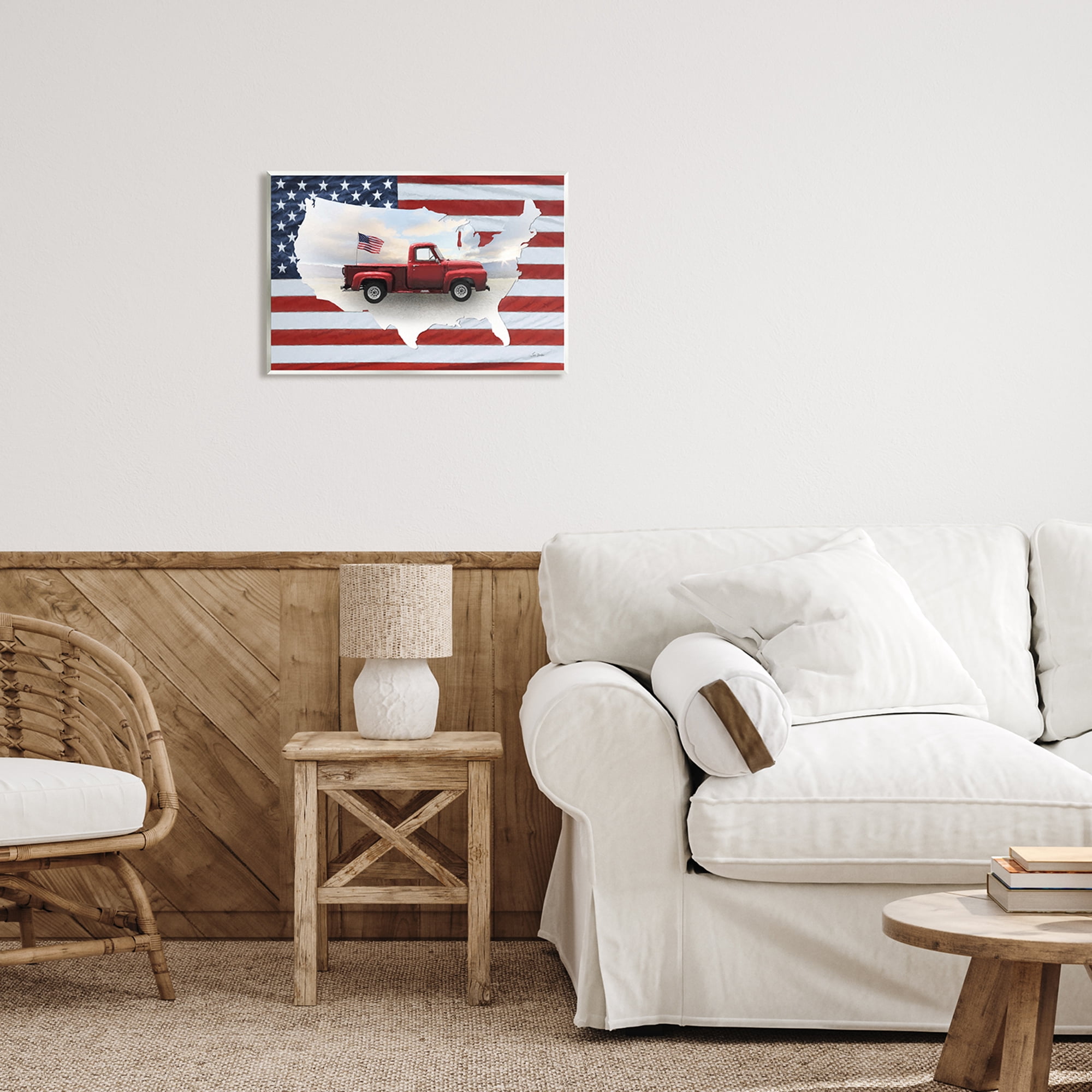 Stupell Industries Farmhouse American Flag Transportation Painting Unframed Art Print Wall Art, 19 x 13