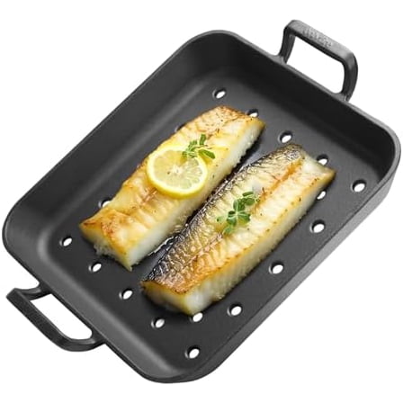 Cast Iron Skillet, 12 Inch Pre-Seasoned Square Steak Pan with Nonstick Perforated Grill Surface and Dual Handles, Cast Iron Grill Pan Frying Pan for Grill, Oven and Stovetops