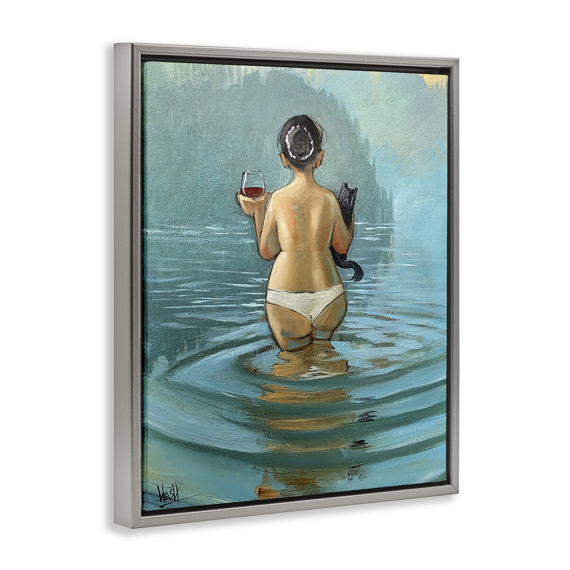 Stupell Industries Cat & Wine Dip At Twilight Gray Framed Floater Canvas Wall Art, design by Ronald West
