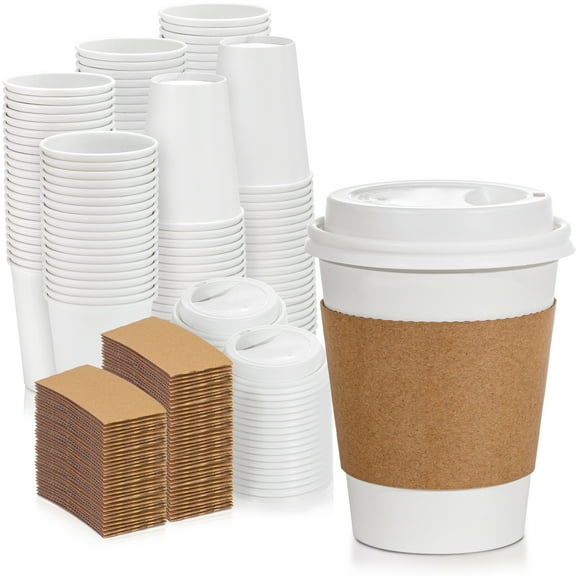 [500 Pack] White Coffee Cups with White Dome Lids and Brown Sleeves - 12oz Disposable Paper Coffee Cups - To Go Cups for Hot Chocolate, Tea, and Other Drinks - Ideal for Cafes, Bistros, and Businesses