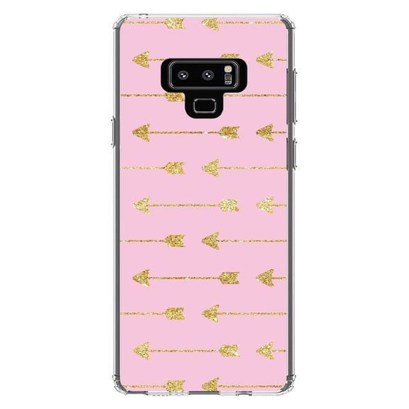 DistinctInk Clear Shockproof Hybrid Case for Samsung Galaxy Note 9 - TPU Bumper, Acrylic Back, Tempered Glass Screen Protector - Pink & Gold Print - Arrows Pattern