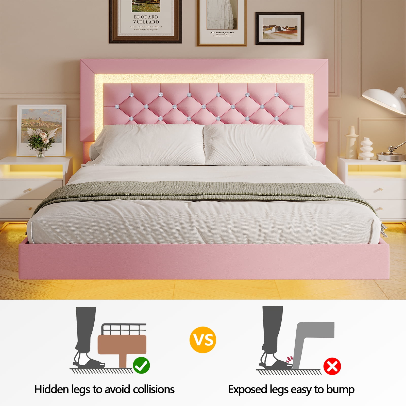 4 EVER WINNER Twin Size Floating Bed Frame with LED Lights, Upholstered Platform Bed Frame with Diamond Tufted Headboard, Pink Twin Size Bed Frame, Pink