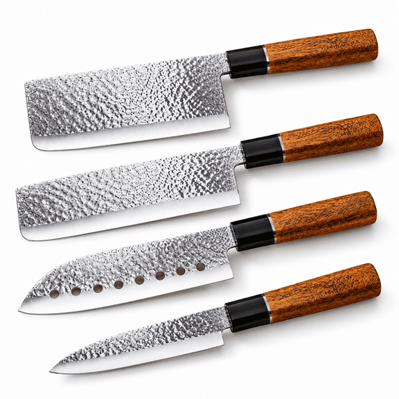 DORACOME Forged Steel Kitchen Knife Set with Tsuchime Hammered Finish and Wood Handles, Cleaver, Chef, Santoku and Paring Knives, 4-Piece