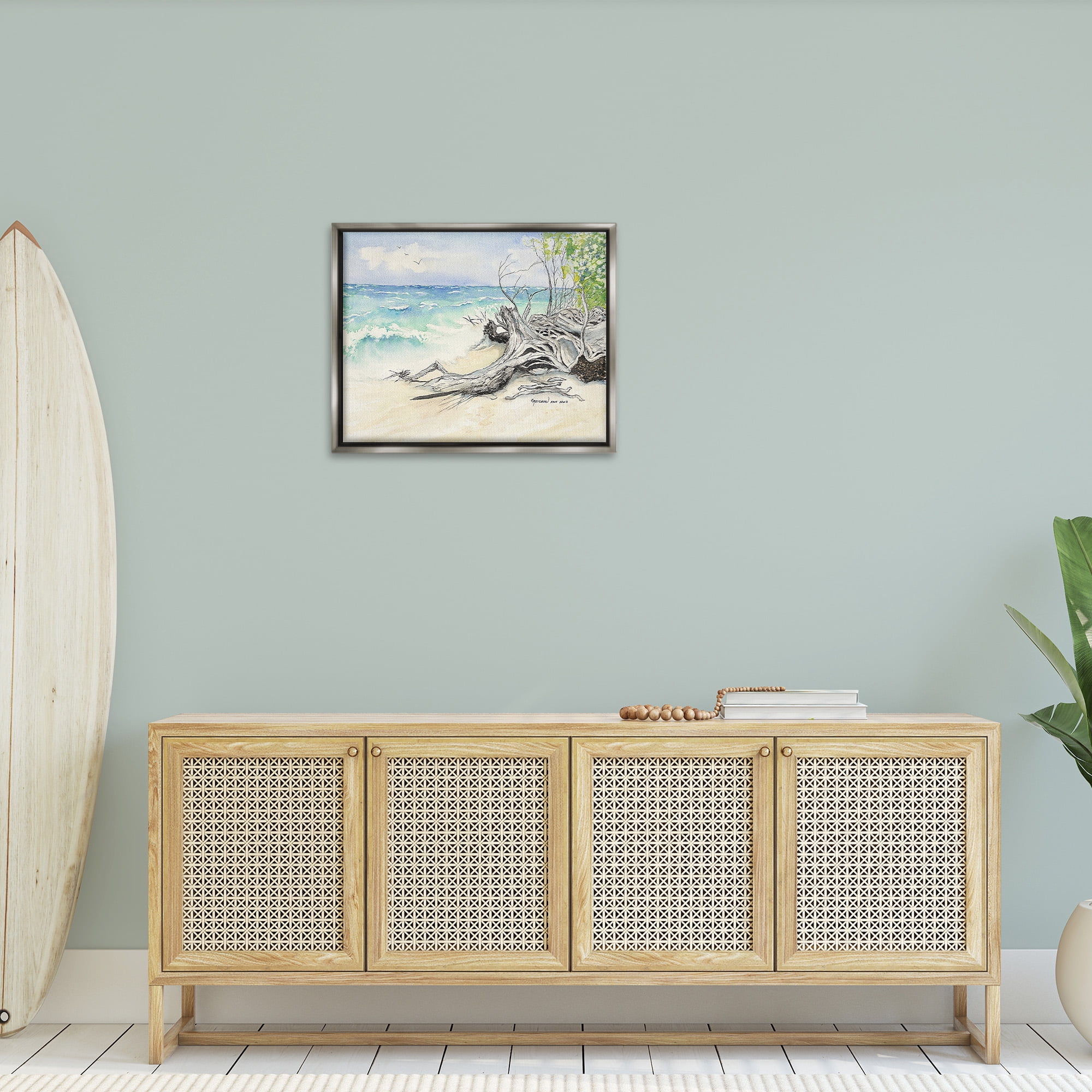 Stupell Industries Beach Driftwood Landscape Landscape Painting Gray Floater Framed Canvas Art Print Wall Art, 31 x 25