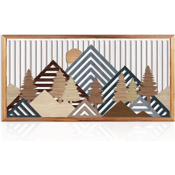Large Mountain Wood Wall Art for Living Room 16x32 Inch Framed Abstract Mountain Landscape Wall Decor Boho Woodcut Nature Scenery Artwork Bedroom Office