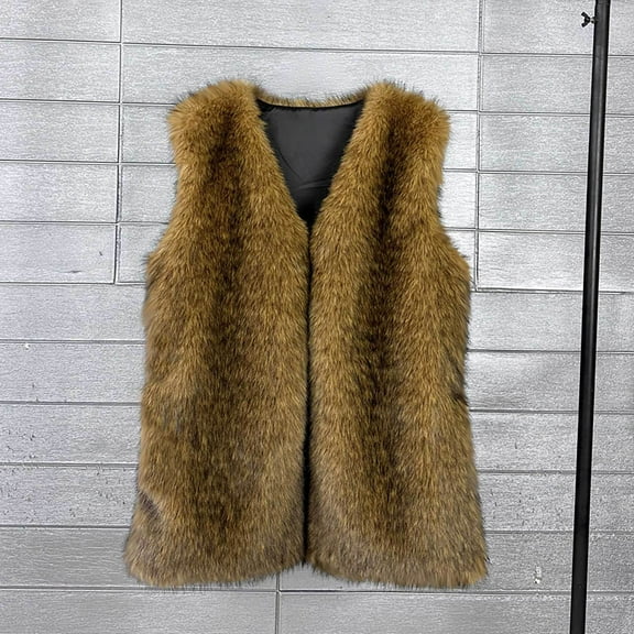 ClodeEU Womens Faux Fur Vest,V Neck Sleeveless Shaggy Vests,Autumn Winter Soft Outwear Brown,Womens Plus XL