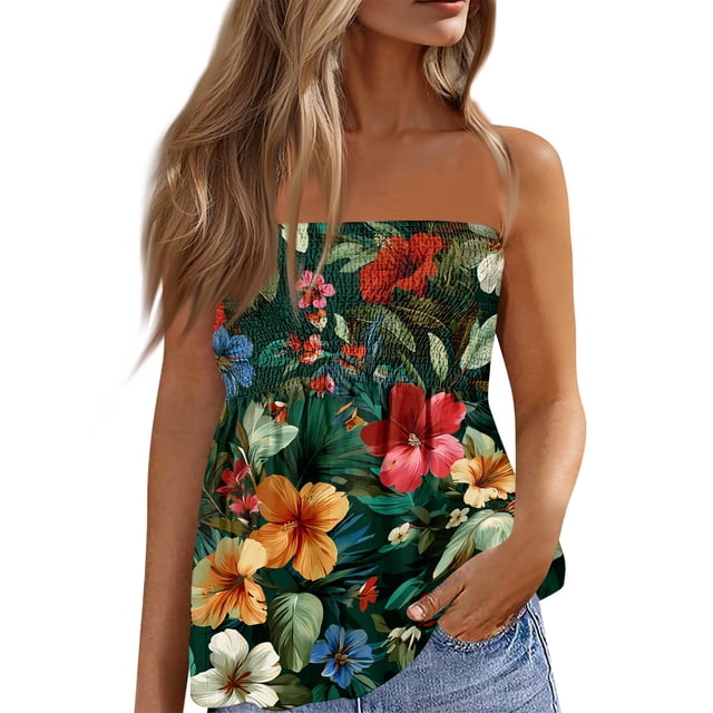 OIOLOYJM Womens Tube Top Spring Cute Strapless Hawaiian Print Peplum Top Backless Beach Ruffle Party Clothes Green 2XL