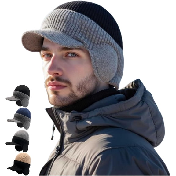 Windproof Thermal Cap with Visor, Mens Winter Knitted Earflap Hat with Brim, Soft Warm Fleece Lined Trapper Beanie for Cold Weather Skiing Hiking
