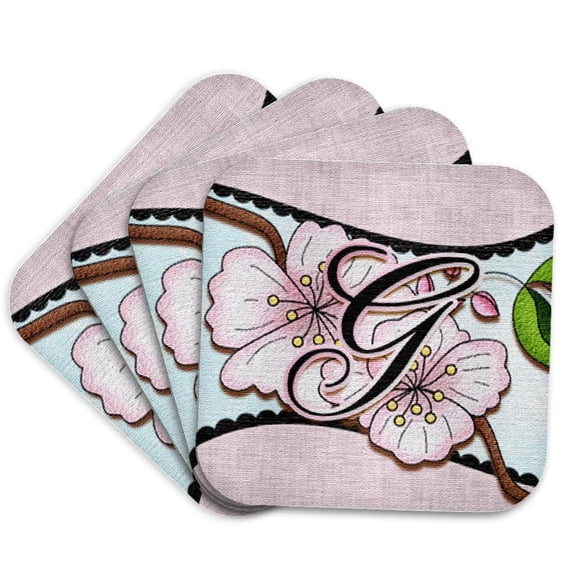 3drose, Cherry Blossom Flower Monogram Initial G, Set of 4 Coasters - Soft
