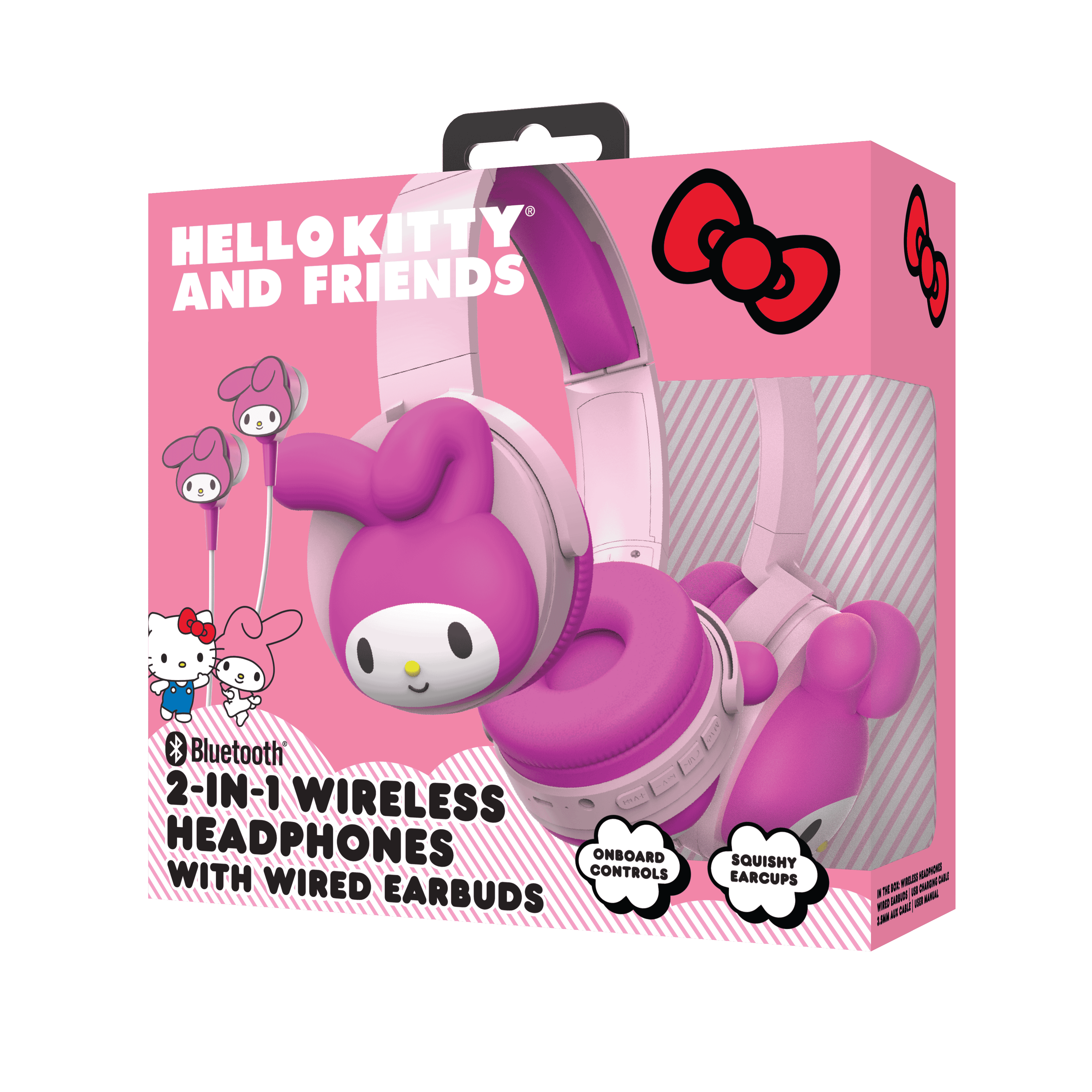 Hello Kitty 2-in-1 Wireless Bluetooth Headphones with Wired Earbuds - Foldable, Adjustable & Padded Headband, Onboard Controls, Squishy Ear Cups, Aux Cable Connectivity, Handsfree Calling