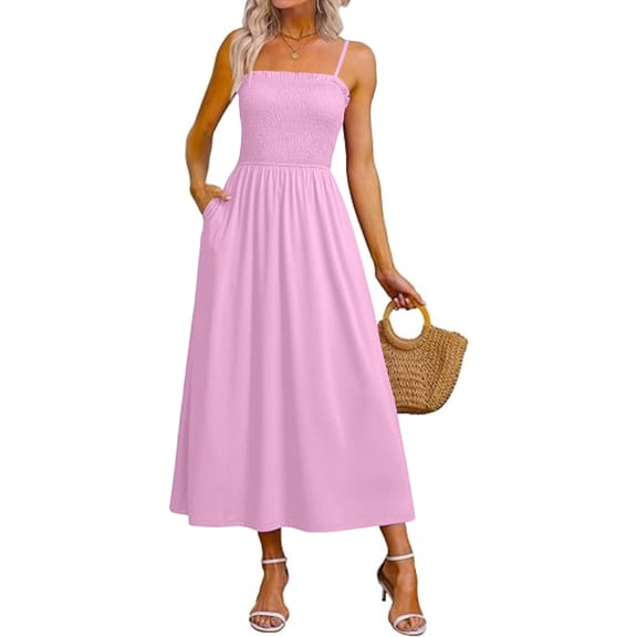Atogsazn Women's Summer A-Line Midi Dress Smocked Spaghetti Strap Elastic Waist Dresses Sundress Pink M Fashion