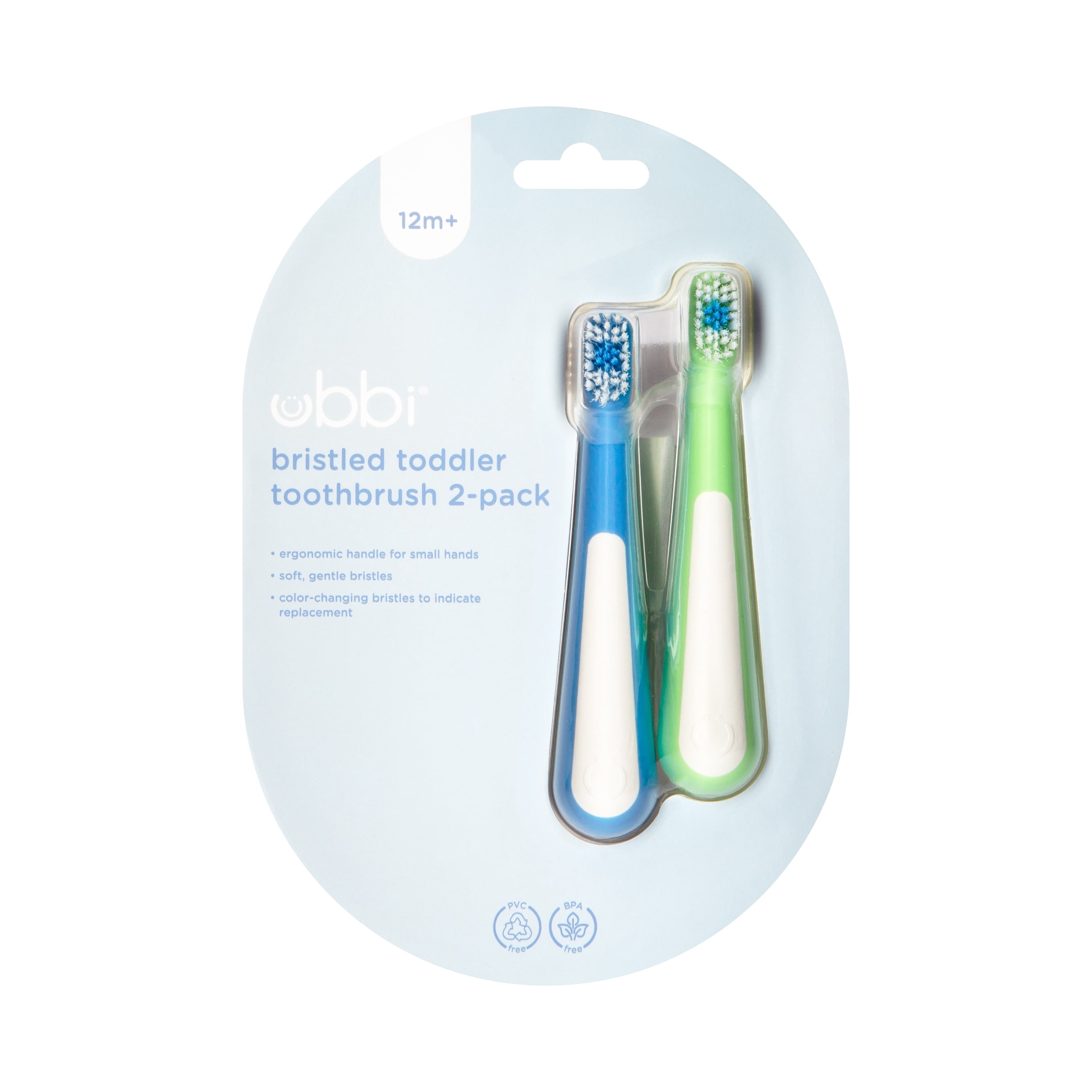 Ubbi Toddler Training Toothbrush Set, Soft Bristled & Gentle Manual Toothbrushes for Baby, Polaris Blue & Zest Green