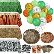XD-169 Pieces Jungle Safari Zoo Animal Print Birthday Party Supplies Including Party Paper Plates Leopard Giraffe Cups Napkins Jungle Tablecloth Cheetah Table Cover Balloons Spoons*1
