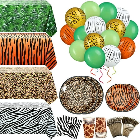 XD-169 Pieces Jungle Safari Zoo Animal Print Birthday Party Supplies Including Party Paper Plates Leopard Giraffe Cups Napkins Jungle Tablecloth Cheetah Table Cover Balloons Spoons*1