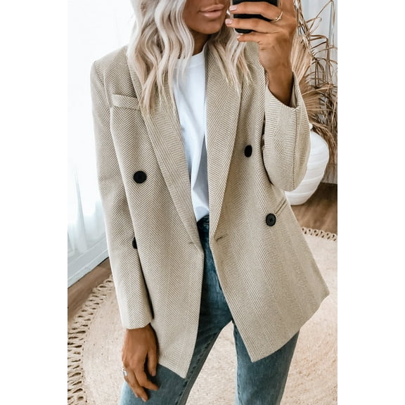 Chevron Ribbed Double Breasted Lapel Collar Blazer