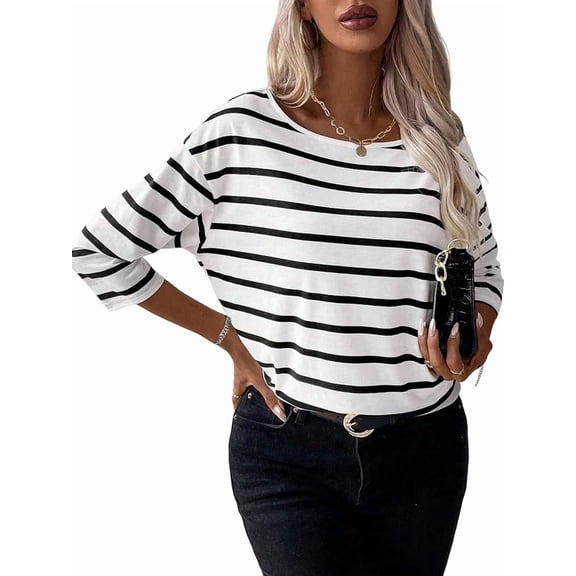 Women's Boat Neck Striped Cotton Tees, 3/4 Length Sleeve Frenchy Casual Tops
