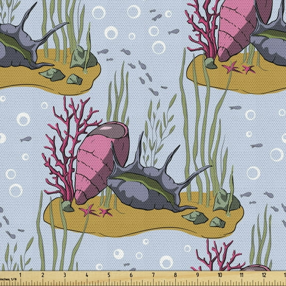Underwater Fabric by the Yard, Sea Shells and Coral Reef Plants Marine Life Exotic Aquarium Natural Drawing, Upholstery Fabric for Dining Chairs Home Decor Accents, Multicolor by Ambesonne